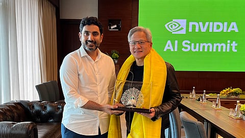 Telangana Minister for IT Nara Lokesh seen with CEO of NVIDIA Jensen Huang (Right) in Mumbai 