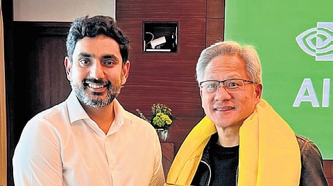 IT Minister Nara Lokesh with NVIDIA CEO Jensen Huang in Mumbai