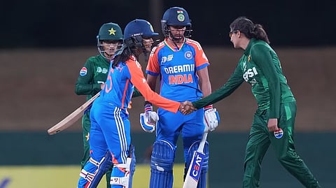 India and Pakistan players interact during the women's T20 World Cup match