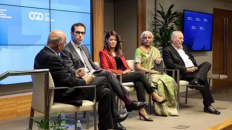Union Finance Minister Nirmala Sitharaman with others during a discussion on the 'Bretton Woods Institutions at 80: Priorities for the Next Decade' on the sidelines of the World Bank and IMF Annual Meetings 2024, in Washington, DC.
