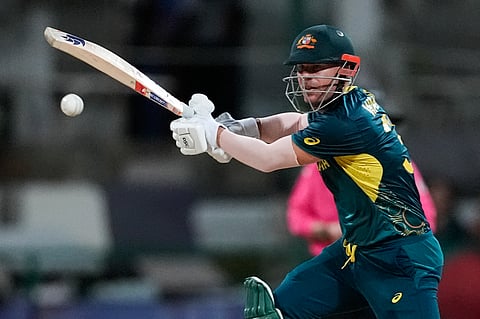 Australia's David Warner bats during the ICC Men's T20 World Cup cricket match between Australia and Bangladesh in North Sound, Antigua and Barbuda, Thursday, June 20, 2024.