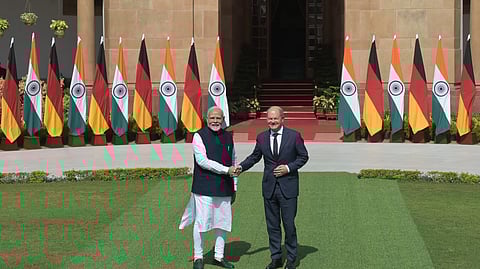 Prime Minister Narendra Modi with German Chancellor Olaf Scholz during a meeting at the Hyderabad House, in New Delhi, Friday, Oct 25, 2024.