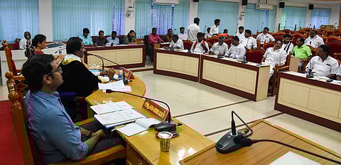 Mayor Mu Anbalagan chairing the Tiruchy corporation council meeting for October on Friday