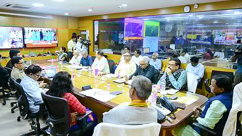 Odisha CM Mohan Charan Majhi along with other officials reviewing the situation during Cyclone Dana 