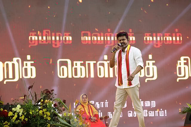 Actor-politician Vijay addressing a massive gathering at the Tamilaga Vettri Kazhagam (TVK)'s first state conference.
