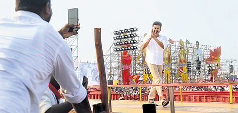 Actor-turned-politician Vijay walking to the stage to address the lakhs of people in attendance on Sunday