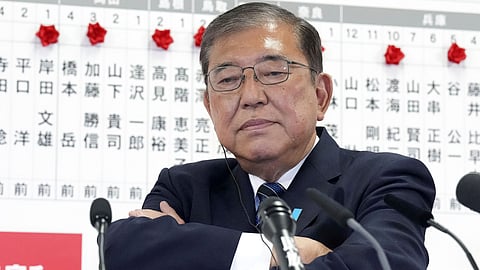 Japan's Prime Minister and president of the Liberal Democratic Party (LDP) Shigeru Ishiba pauses as he speaks to the media regarding the lower house election, at the LDP headquarters Sunday, Oct. 27, 2024, in Tokyo