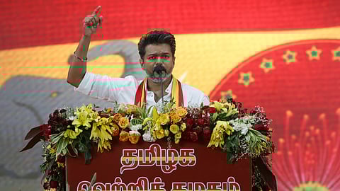 Actor and Tamilaga Vetri Kazhagam (TVK) founder Vijay speaks during the party's first political conference at Vikravandi in Villupuram district, Sunday, Oct. 27, 2024.
