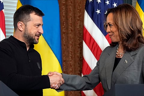 Vice President Kamala Harris, right, and Ukraine's President Volodymyr Zelenskyy, shake hands during their meeting on Sept. 26, 2024.