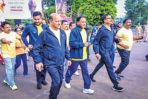 CM Mohan Majhi with his ministerial and party colleagues in the ‘Run for Unity’ marathon marking the Rashtriya Ekta Diwas, in Bhubaneswar on Tuesday Chief Minister Mohan Charan Majhi