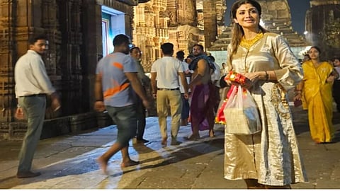 Actress Shilpa Shetty during her visit to Lingaraj Temple 