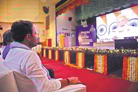 Union Coal & Mines Minister G Kishan Reddy listens to PM Narednra Modi’s virtual  address during the Rozgar Mela in Hyderabad