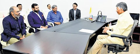 Chief Minister N Chandrababu Naidu with a delegation led by former cricketer and Professional Golf Tour of India Chairman Kapil Dev during a meeting.