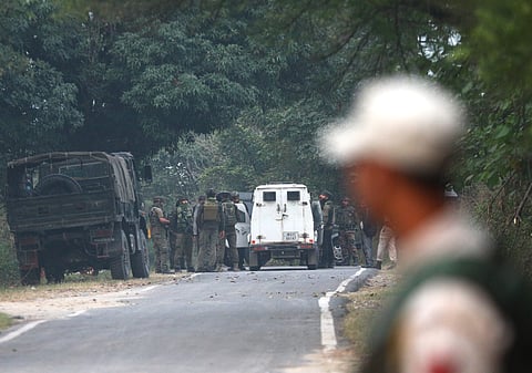 Army jawans near the site of the encounter between security forces and terrorists on the second day after terrorists fired at an ambulance that was part of an Army convoy, in Akhnoor sector of Jammu and Kashmir, Tuesday, Oct. 29, 2024. 