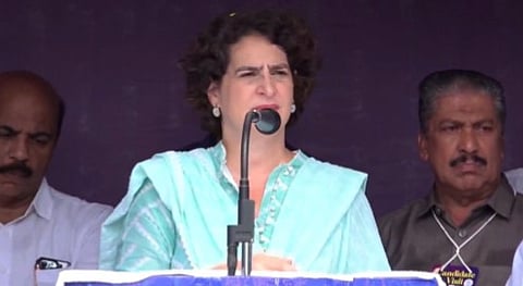 Congress leader Priyanka Gandhi Vadra at a meeting in Wayanad. 