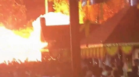 Fireworks explosion at the Anjuambalam Veerarkav Temple festival near Neeleswaram 
