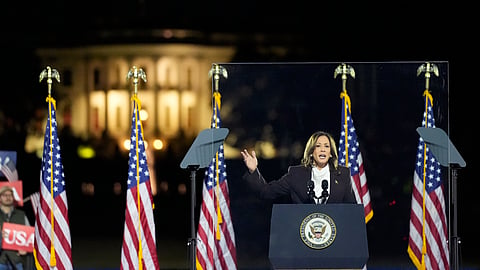 Democratic presidential nominee Vice President Kamala Harris delivers remarks during a campaign event at the Ellipse near the White House in Washington, Tuesday, Oct. 29, 2024.