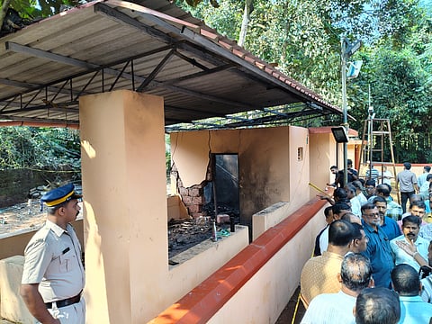 People gather at the fire accident spot at the Anjootambalam Veererkavu Temple at Neeleswaram in Kasaragod district, Tuesday, Oct. 29, 2024. Over 150 people were injured in the accident. 