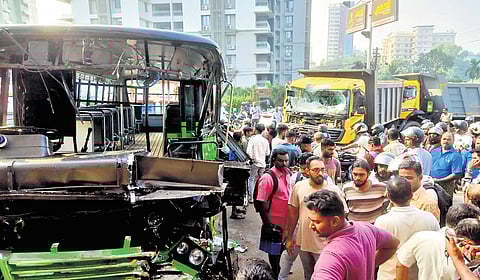 The private bus that collided with the lorry at Vallathol Junction in Thrikkakara on Wednesday