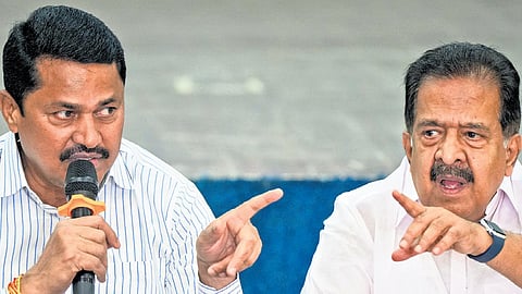 Congress leaders Ramesh Chennithala and Nana Patole address the media in Mumbai on Wednesday.