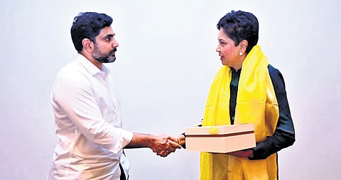 IT Minister N Lokesh with former Pepsi Co CEO Indira Nooyi in Las Vegas.