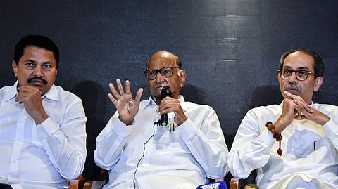 NCP (SP) Chief Sharad Pawar (C) with Maha Vikas Aghadi allies, Shiv Sena (UBT) chief Uddhav Thackeray, (R) and Maharashtra Congress chief Nana Patole (L).