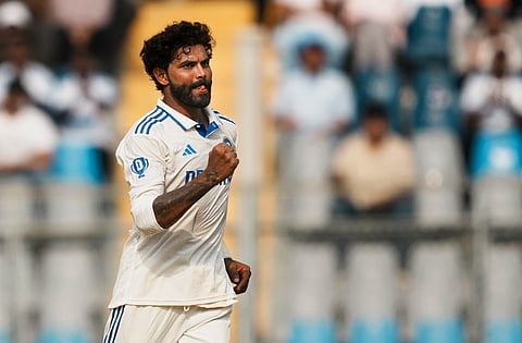 India's Ravindra Jadeja celebrates the wicket of New Zealand's Ish Sodhi on the first day of the third Test at the Wankhede Stadium in Mumbai (Photo | PTI)