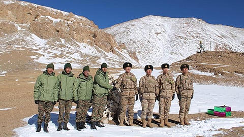 Indian and Chinese army greet each other along the Line of Actual Control (LAC) near Karakoram pass in Ladakh on October 31, 2024, on the occasion of Diwali.