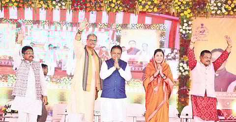 CM Mohan Charan Majhi, dy CM KV Singh Deo and MP Sangeeta Singh Deo greet the crowd