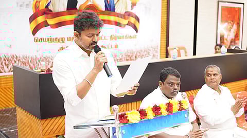 Actor-turned-politician and TVK chief Vijay speaks during the party's executive committee meeting held at Paniyur on Sunday, Nov. 3, 2024.