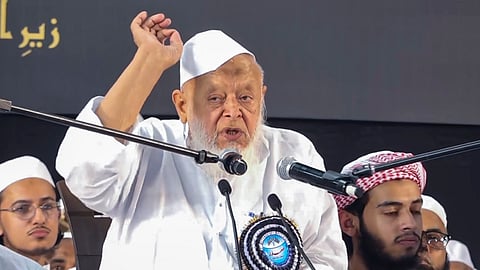 Maulana Arshad Madani addresses Jamiat Ulema-E-Hind's 'Save Constitution' convention, in New Delhi, Sunday, Nov. 3, 2024. 