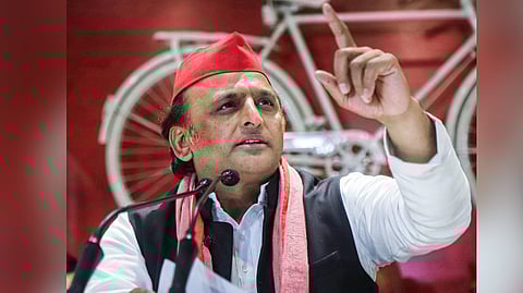 Samajwadi Party President Akhilesh Yadav addresses a press conference at the party office in Lucknow.