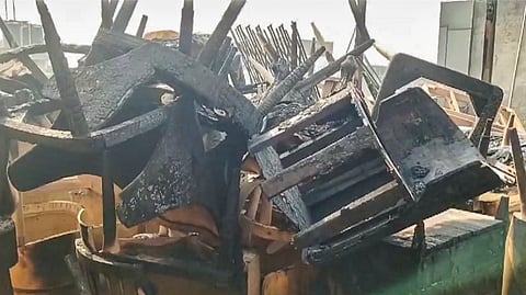 Charred furniture after a fire broke out in a sofa manufacturing unit at Kirti.