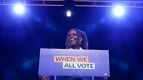 Former first lady Michelle Obama speaks at campaign rally in support of Democratic presidential nominee Vice President Kamala Harris.