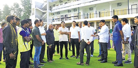 MP Kesineni Sivanath at the Mulapadu cricket stadium on Monday