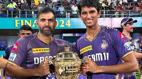 Angkrish Raghuvanshi (R) with coach Abhishek Nayar