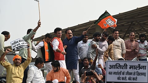 Delhi BJP President Virendra Sachdeva during a protest demanding the reinstatement of civil defence volunteers as marshals in Delhi Transport Corporation (DTC) buses, in New Delhi.
