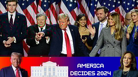 Former US President and Republican presidential candidate Donald Trump gestures at supporters after speaking during an election night event at the West Palm Beach Convention Center in West Palm Beach, Florida, on November 6, 2024.