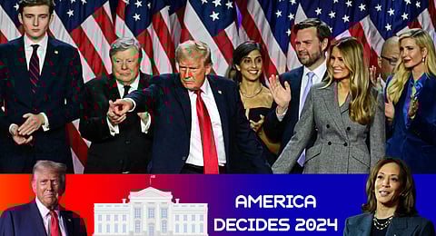 Supporters of former President Donald Trump with signs and t-shirts that read "Blacks for Trump" gather near the E. Barrett Prettyman U.S. Federal Courthouse, Aug. 3, 2023, in Washington. 