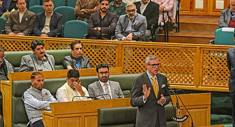 Jammu and Kashmir Chief Minister Omar Abdullah speaks on the second day of the J & K Legislative Assembly session, in Srinagar, Tuesday, Nov. 5, 2024. 