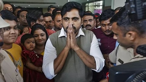 Shiv Sena (Shinde faction) leader Mahesh Gaikwad, who was seriously injured in the firing by BJP MLA Ganpat Gaikwad, comes out after being discharged from a hospital, in Thane.