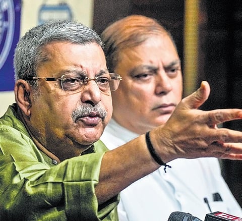 Opposition members Kalyan Banerjee and Mohammed Nadibul Haque during a press conference in Kolkata.