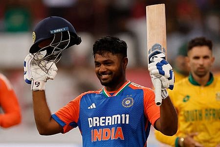 India's Sanju Samson celebrates reaching his century during the first T20 international cricket match between South Africa and India at Kingsmead. 