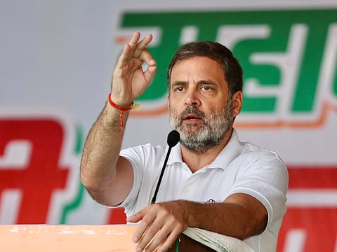 LoP in Lok Sabha and Congress MP Rahul Gandhi addresses a public meeting ahead of Jharkhand Assembly elections, in Simdega district of Jharkhand, Friday, Nov. 8, 2024.