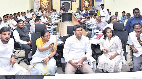 Union Minister Pemmasani Chandra Sekhar during a review meeting with Guntur district officials on Friday 