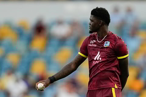 West Indies' Alzarri Joseph prepares to bowl against England during the third ODI cricket match at Kensington Oval in Bridgetown, Barbados, Wednesday, Nov. 6, 2024.
