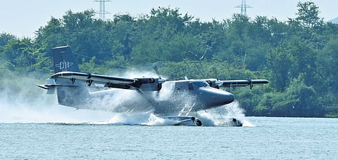 A demonstration of seaplane service being conducted at Punnami Ghat in Vijayawada on Friday