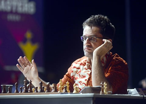 Levon Aronian during the fifth round of the Chennai Grand Masters 2024 on Saturday. There are various anti-cheating measures in place in the event.