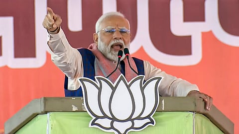 Prime Minister Narendra Modi addresses an election rally for the upcoming Maharashtra Assembly elections in Akola district on Saturday, Nov. 9, 2024.