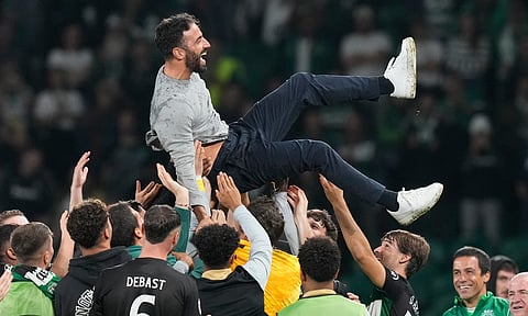 Sporting players threw manager Ruben Amorim in the end of the Champions League opening phase match against Manchester City